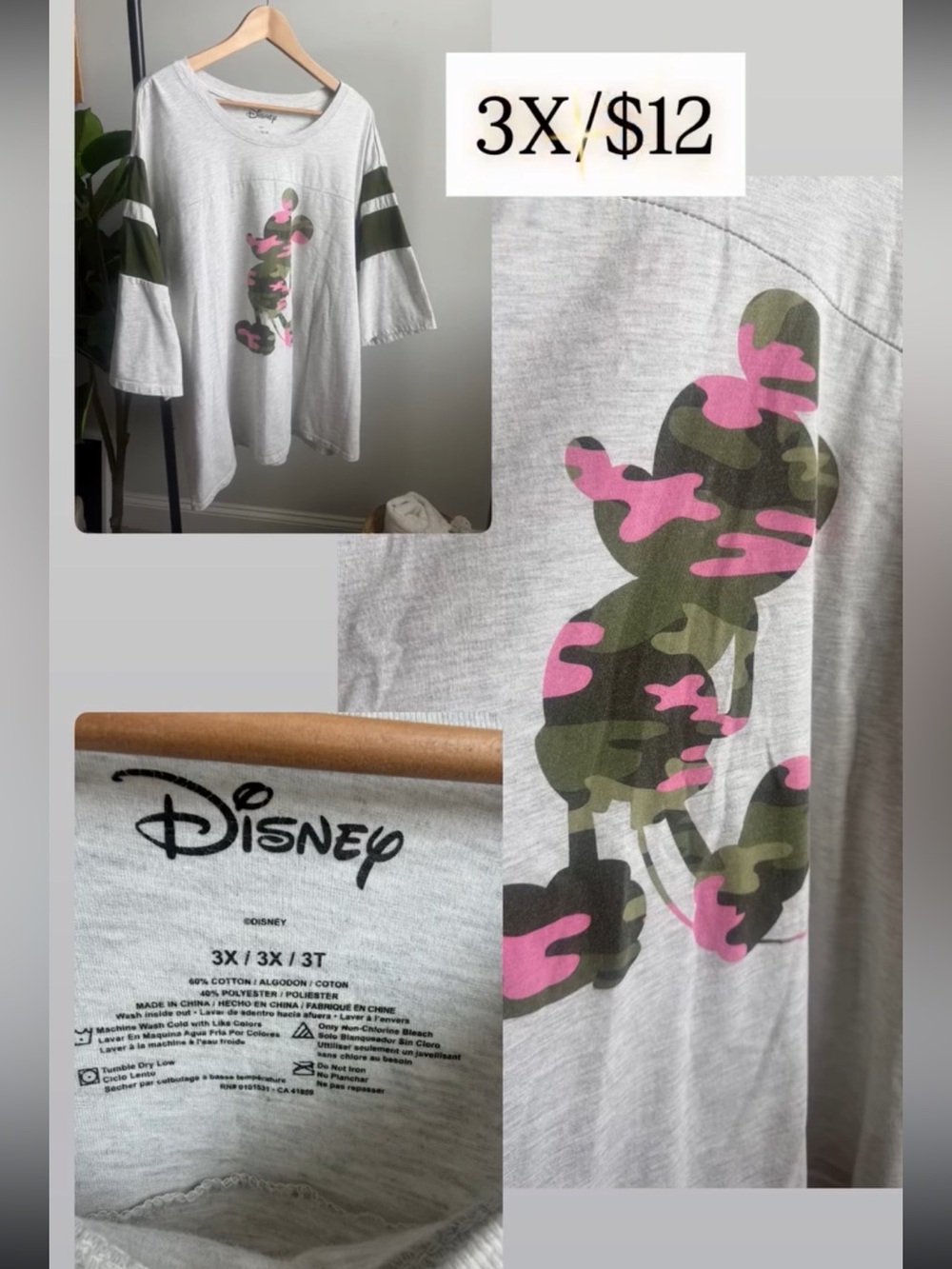 Disney Gray Tee with Pink & Olive Camo Mickey Graphic